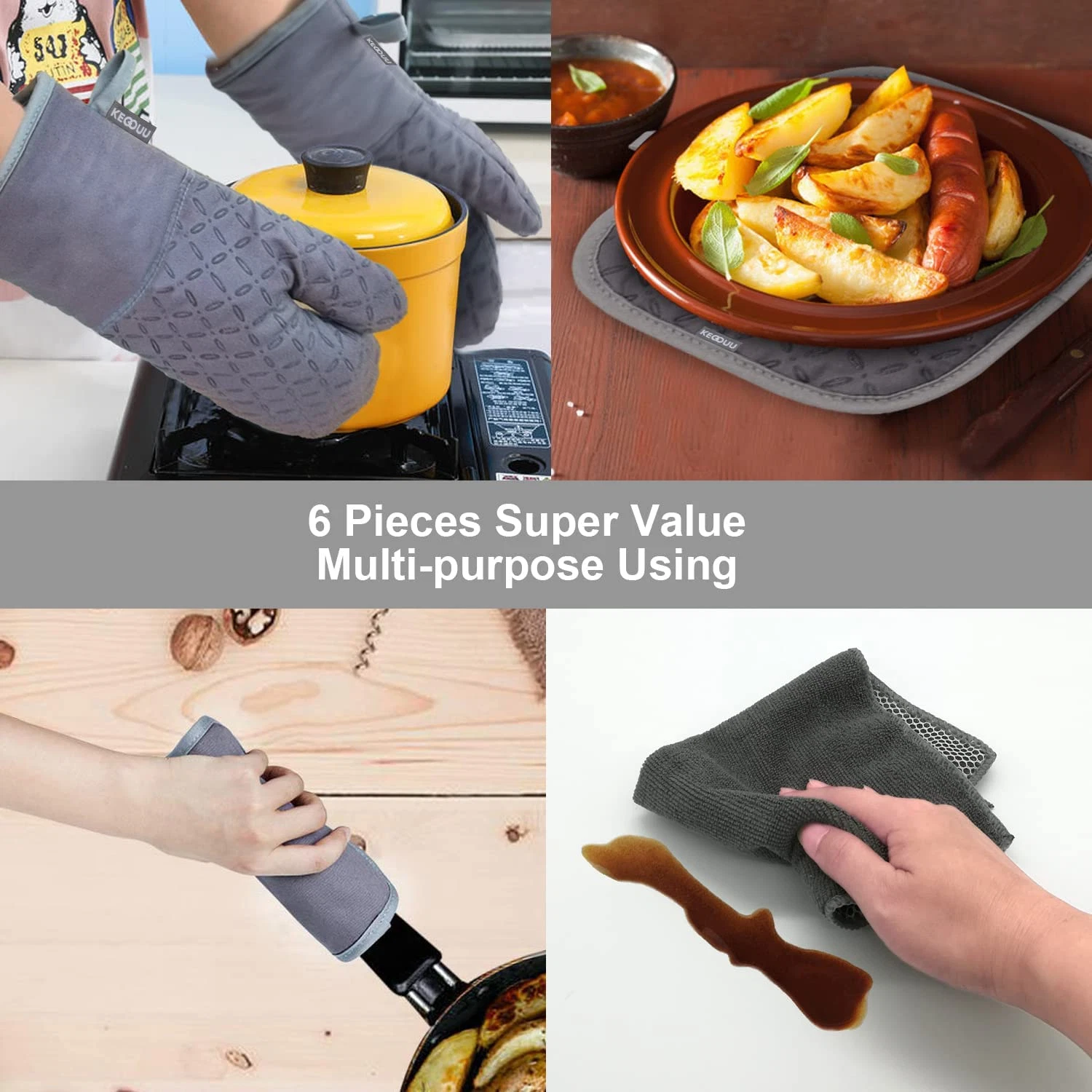 6-Piece Oven Mitts and Pot Holders Set – Heat Resistant Kitchen Gloves up to 500°F, Cotton & Silicone - Image 3